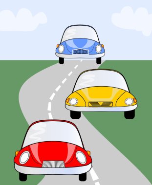 Red, yellow and blue cute car on road. Vector illustration suitable for children or different activities in transport, auto raci clipart