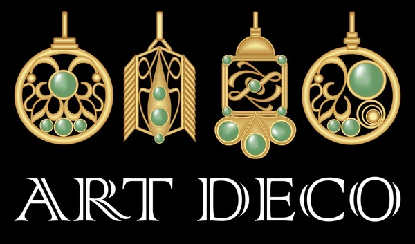 Altın küpe yeşil gem ile. Art deco tarzında antika altın mücevher set. Nostaljik vintage desen. Metalik pirinç takı.