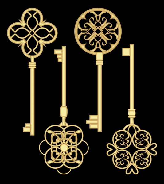 Antigue door key set in golden metallic design with historic ornamental vintage patterns. — Stock Vector