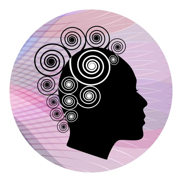 Perfil de la cabeza de la mujer con extravagante peinado en espiral sobre fondo ondulado rosa. Estilización en blanco y negro. Perfil facial femenino s — Vector de stock