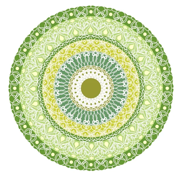 Green mandala for energy and power obtaining. Rich patterned mandala for meditation training. Filigree lace patterns on green circle background. EPS 10 vector. — Stock Vector