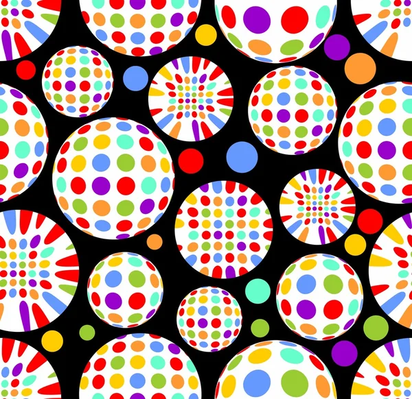 Esferas com pontos coloridos - fundo vetorial sem costura de alto contraste. Elementos alegres do globo de polca no fundo preto. Vetor EPS 10 . — Vetor de Stock