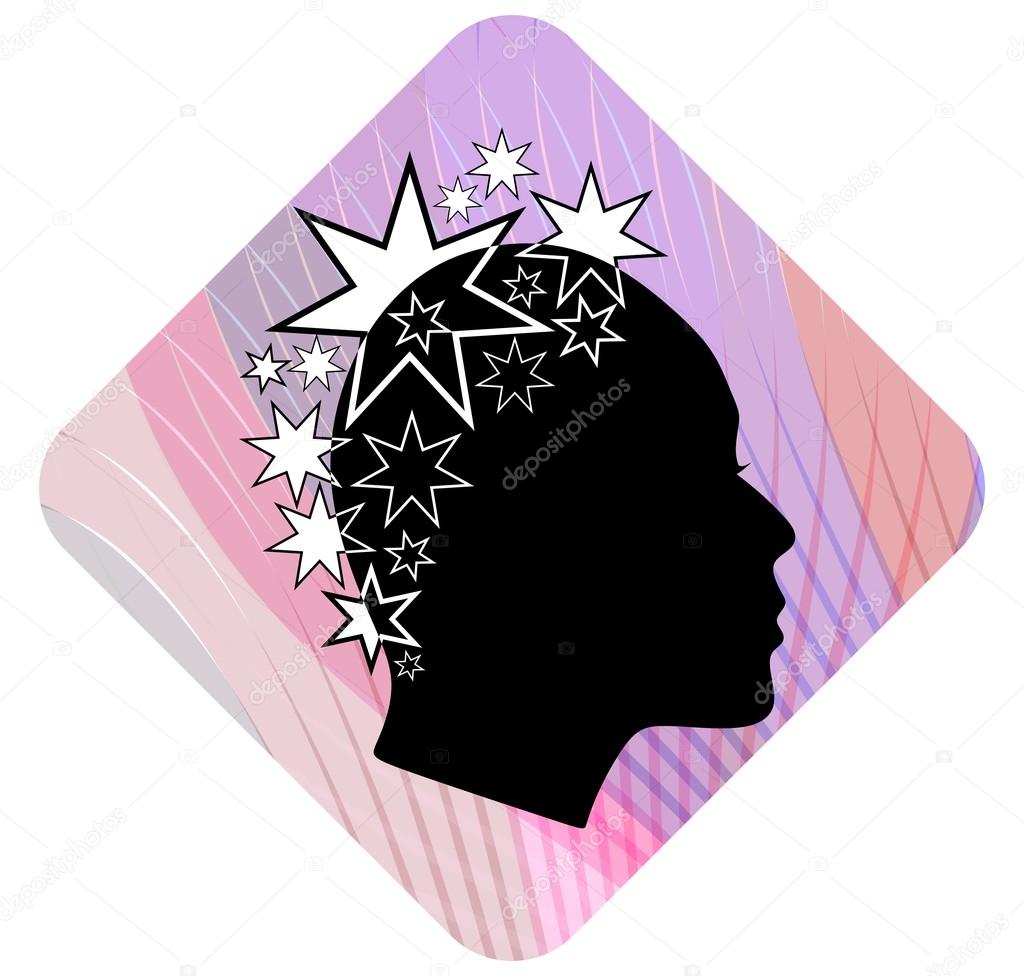 Woman head profile with extravagant star patterned hairstyle on pink wavy background. Black and white stylization. Female face profile silhouette. Emblem for boutique or fashion salon. EPS 10 vector.
