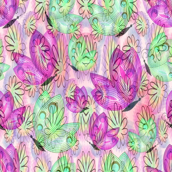 Romantischer Hintergrund mit buntem Schmetterling und Blumenmotiv. Fragmentmosaik-Entwurf mit Umrisszeichnung. — Stockfoto