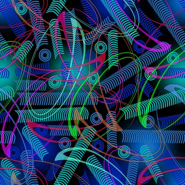 Fantasy techno background with curves and swirls. Green and blue decor on black area. — Stock Photo, Image