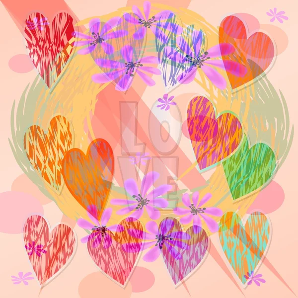 Kalpler ve çiçekler ile modern cherfull motifi. Sevgililer günü arka plan veya düğün dekorasyon olarak uygulanabilir. — Stok fotoğraf