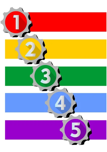 Plantilla infográfica para la presentación de cinco opciones o pasos con números en forma de engranajes. Marcos en blanco para mensaje propio en diseño multicolor . — Archivo Imágenes Vectoriales