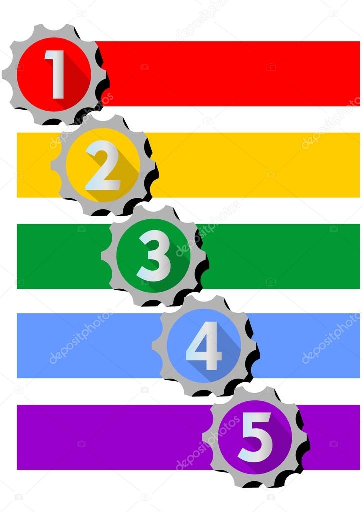 Infographic template for presentation of five options or steps with numbers in gear shapes. Blank frames for own message in multicolored design. 