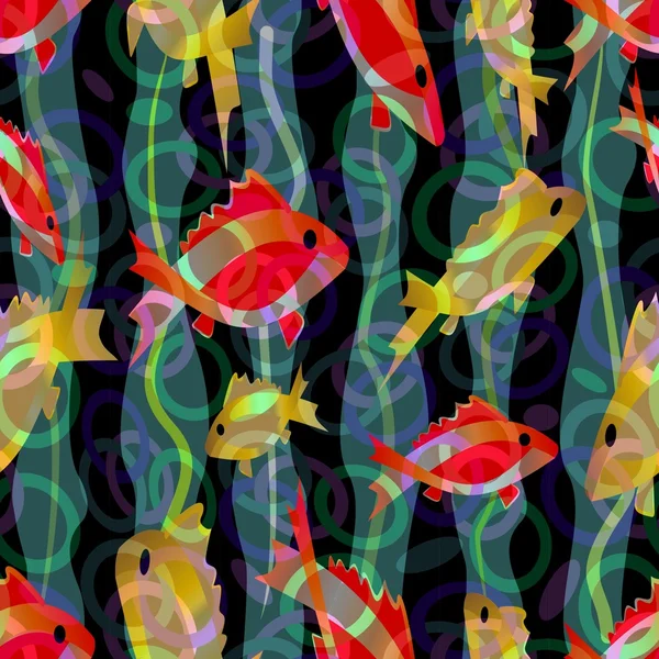 Acuario con peces de neón amarillo y rojo en moderno diseño de mezcla. baldosas decorativas abstractas sin costura . — Foto de Stock