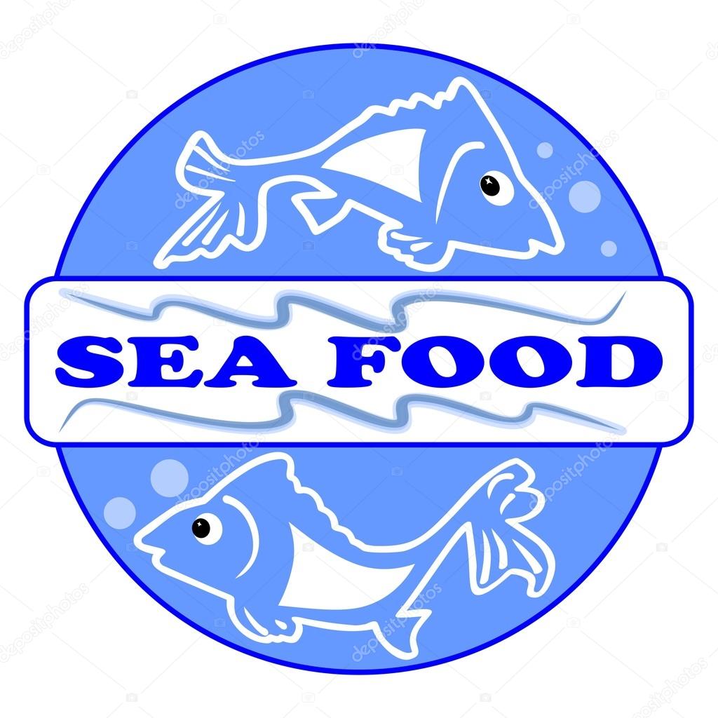 Sea food label or billboard with two cute fish cartoons. Designed in blue circle with inscription Sea food. Eps 10 vector. Useful for restaurant advertising or for products with fishes.