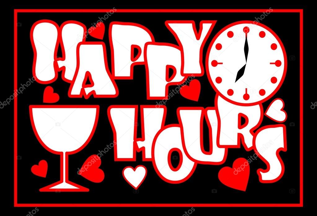 Happy hours inscription in red color with clock face, wine glass and hearts on the black background, Advertisement for restaurant, disco, bar, night club. Inscription in grunge style