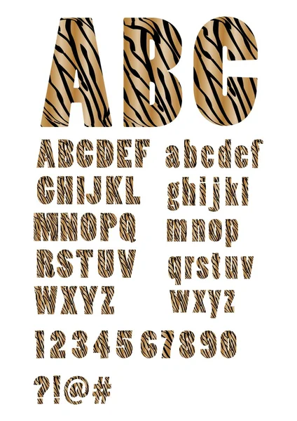 Alfabeto en piel de tigre de estilo, letras mayúsculas y minúsculas, números, signo de interrogación y exclamación, caracteres en y hash — Archivo Imágenes Vectoriales