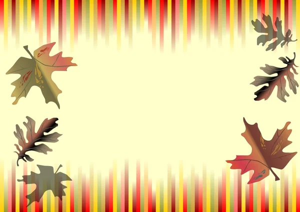 Herfst horizontale vector achtergrond met gekleurde stroken in herfst kleuren op boven- en onderrand en gekleurde bladeren. Vector Eps10 — Stockvector