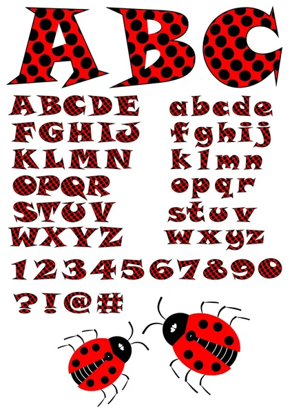 Алфавит в стиле ладибуг, буквы в красном и черном цветах, цифры, вопросительный и экскламационный знак, а также две ладибуги. — стоковый вектор