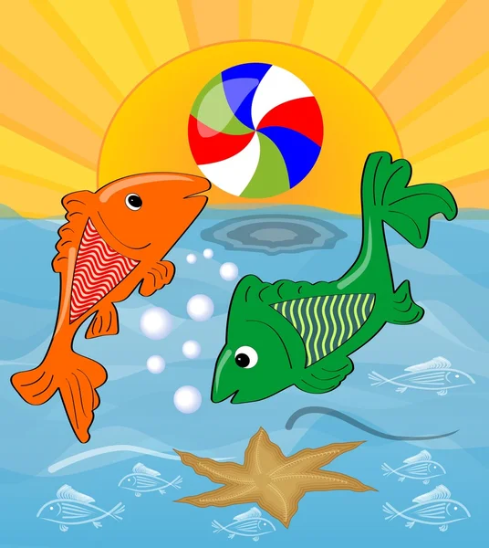 Two cute fishes playing with ball in the sea. Orange fish throws the ball green fish, the sun shining over the sea. Cheerful summer cartoon — Stock Vector