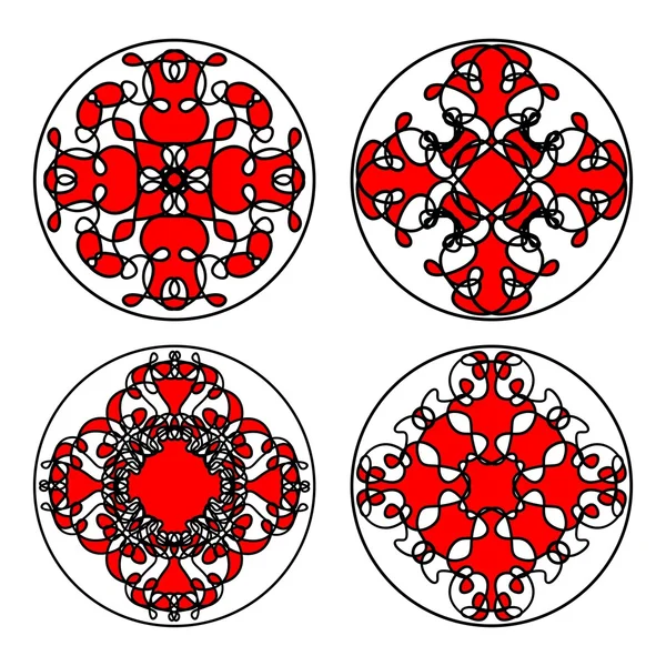 Set of ethnic oriental patterns in circle. Symmetric decorative floral filigree motifs in red, black and white, vector eps10 — Stock Vector