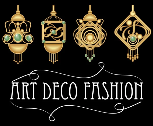 Pendientes de oro con gema verde. Conjunto de joya de oro antiguo en estilo art deco. Patrones vintage nostálgicos. Joyería metálica de latón . — Vector de stock