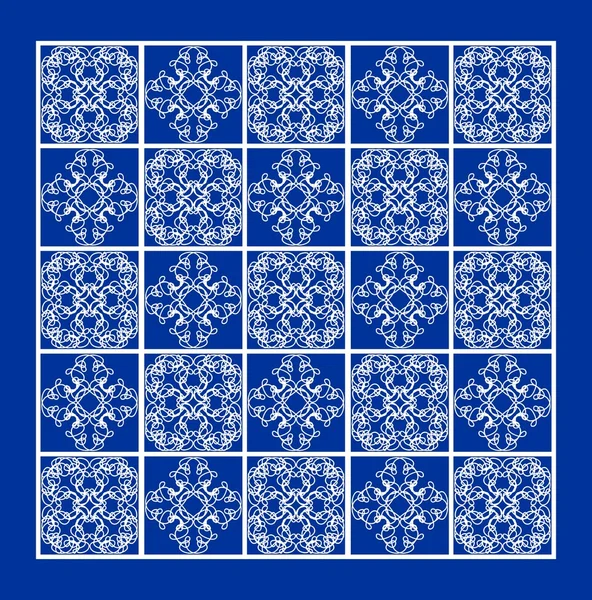 İnce beyaz geometrik çizgi süslemeli etnik desenler zıt Meydanı ' nda mavi çini — Stok Vektör