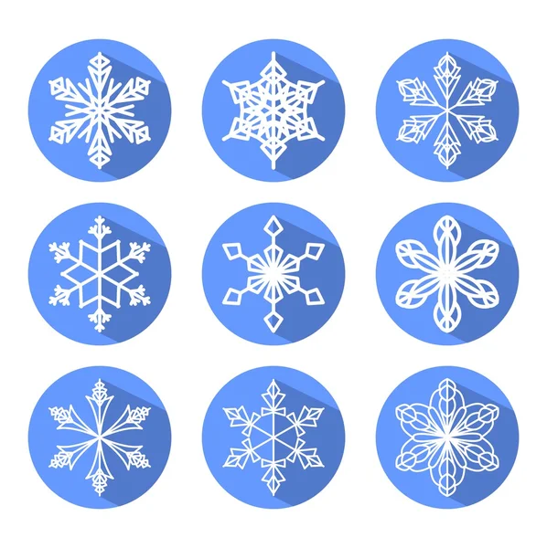 Set weißer Schneeflocken im blauen Kreis mit langem Schatten. modernes Designelement für Weihnachtsdekoration — Stockvektor