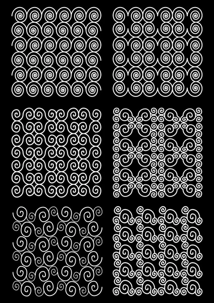 Набор классической плитки с узором, орнамент из спирали, белый рисунок на черном фоне — стоковый вектор