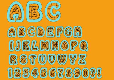 Toplum kurallarına uymayan tuhaf alfabe. Özgün yazı tipi ile ayarla doodle öğeleri, büyük harfli karakterler ve sayılar, soru işareti, ünlem işareti. Trendy gök mavi ve turuncu renk kombinasyonu