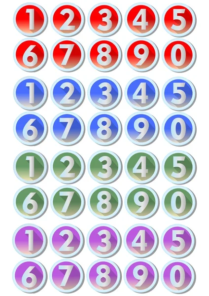 Conjunto de botões de números artísticos com molduras em desenho prateado metálico em quatro variantes de cores - vermelho, azul, verde, roxo, efeito gradiente. Para usar em modelos infográficos, apresentação, web — Vetor de Stock