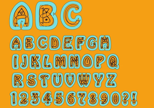 Nonkonformista bizarr ábécé. Az eredeti betűtípus doodle elemek, nagybetűk és számok, kérdőjel, felkiáltójel. Divatos színkombináció kék ég és a narancs — Stock Vector