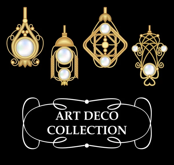 Colección de elegantes pendientes de oro con perlas art deco. Diseño clásico simétrico, joya para ocasiones festivas . — Vector de stock