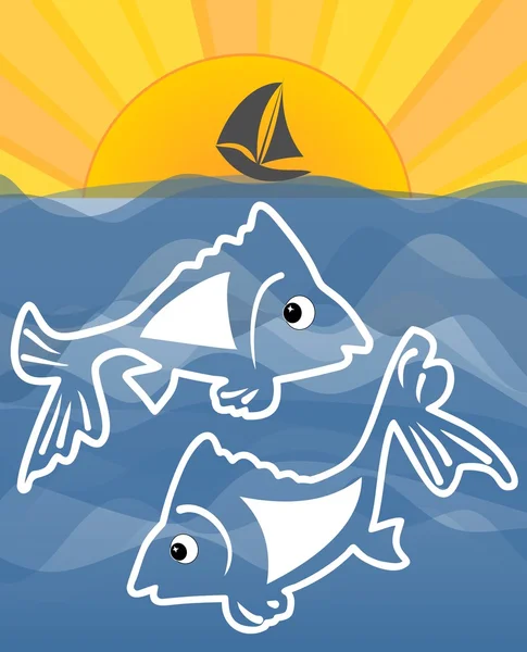 Летняя тема с морским, рыбным мультфильмом, силуэтом солнца и маленького корабля на горизонте, векторная концепция рыболовного спорта, рыбный ресторан — стоковый вектор
