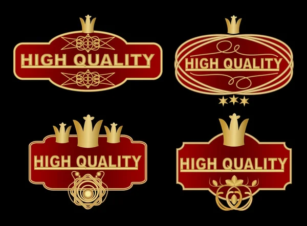 Conjunto de etiqueta de alta calidad en diseño rojo oscuro y dorado con elementos gráficos ornamentados, corona real, estrellas. Pegatinas vintage de alta calidad en vector eps 10 — Vector de stock