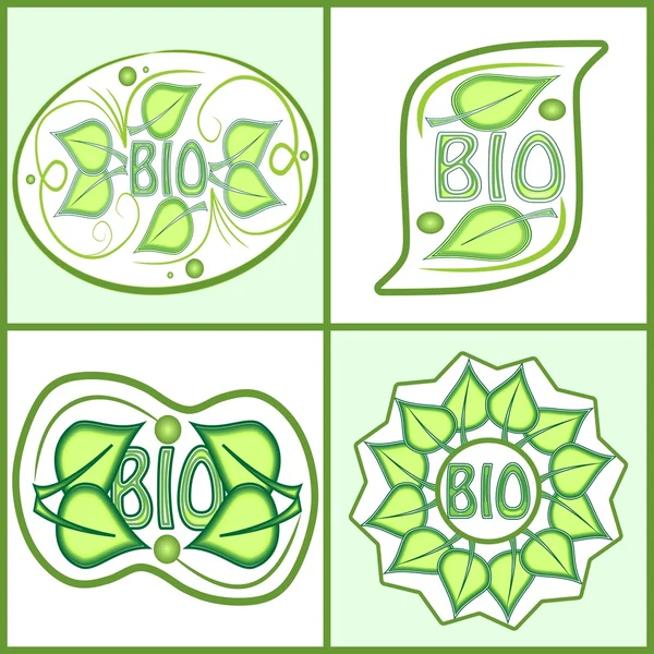 Étiquette bio sertie de motifs de feuilles vertes et inscription bio. Différentes formes en vert clair, vecteur eps10, autocollant utile pour les produits alimentaires ou cosmétiques d'origine naturelle — Image vectorielle