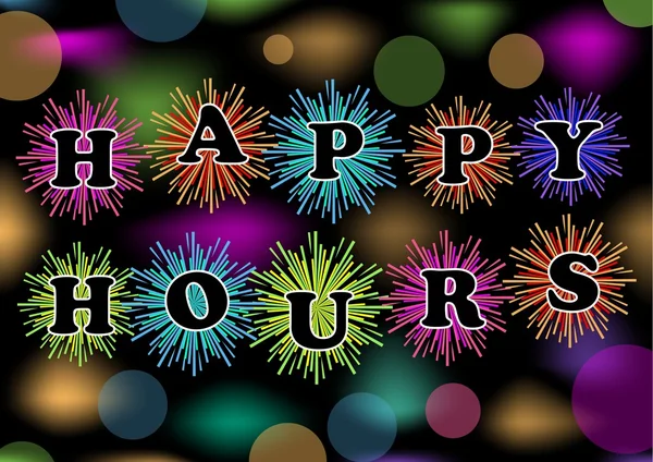 Panneau d'affichage Happy hours avec feux d'artifice colorés et lumières bokeh, vecteur eps10. Remorque pour restaurant, bar ou discothèque — Image vectorielle