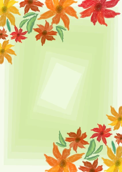 Vrolijke grunge voorjaar achtergrond met kleurrijke bloemen op licht groen mix gebied, plaats voor eigen tekst, message. Nuttig voor uitnodiging, folder, poster, bill — Stockvector