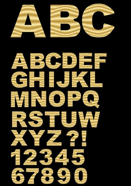 Hoofdletters decoratieve alfabet instellen met letters in metallic ontwerp, getallen, uitroepteken en vraagteken opgenomen, horizontale gouden kunststof golvende strepen, vector eps10 — Stockvector