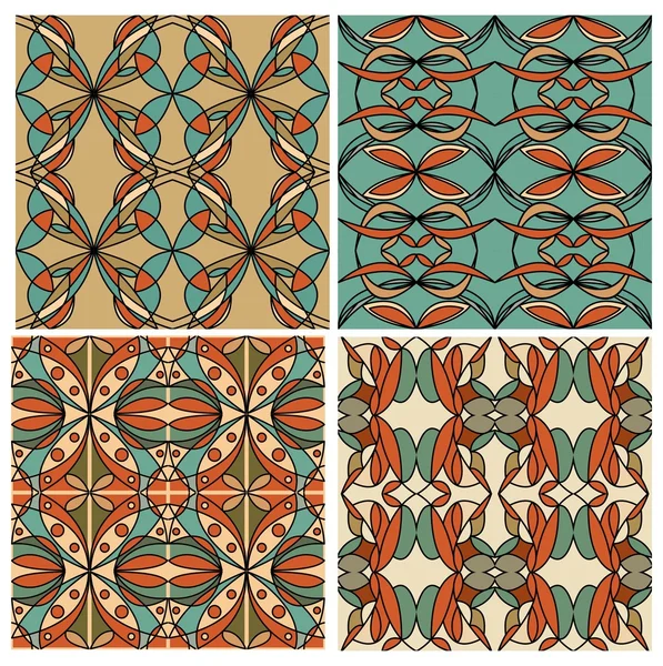 Set of colorful geometric patterned tiles in nostalgic retro colors, art deco style. Graphic design element in vector EPS 10. — Stock Vector