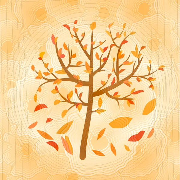 Herfst boom met vallende gele en rode bladeren op cirkel wazige okerkleurige achtergrond — Stockfoto