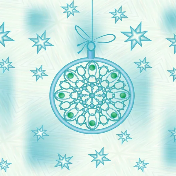 Weihnachtsdekoration in blauer Farbe mit stilisierter gemusterter Weihnachtskugel und Sternen — Stockfoto