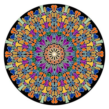 Mandala küçük renkli slivers oluşur. Geometrik simetrik yuvarlak rozet. Desen meditasyon veya dekorasyon için. EPS 10 vektör