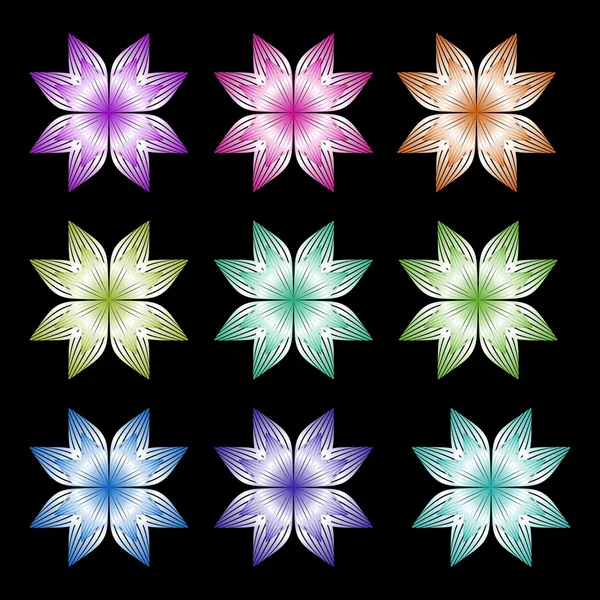 Set of metallic symmetric star shapes in different color gradients. Isolated design element for template, wrapping paper. Vector EPS10 — Stockvector