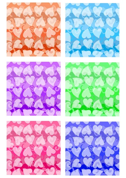 Conjunto de padrões alegres com forma de coração em diferentes variantes de cor. Amostrador de cores têxteis. Vector EPS10 fundo sem costura —  Vetores de Stock