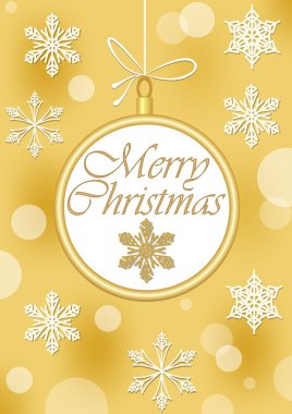 Christmas leaflet or greeting card template in gold design with christmas ball shape. bokeh background with white outline snowflakes. Calligraphic inscription merry christmas.