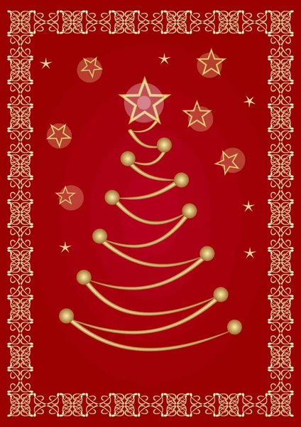 Elegant christmas flyer or corporate greeting card template with stylized golden tree drawing and vintage golden filigree border. Festive dark red background with christmas stars. — Stock vektor