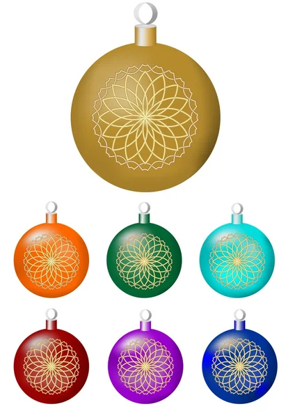 Set bola Natal klasik dengan dekorasi emas lingkaran halus. Elemen desain terisolasi dalam berbagai warna - emas, oranye, biru, merah, ungu, hijau - Stok Vektor