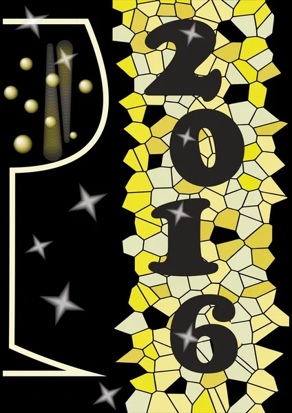 2016 Felice anno nuovo cartellone con bicchiere di vino, grunge sfondo mosaico in giallo, eps10 modello vettoriale per il nuovo invito di benvenuto anno o decorazione — Vettoriale Stock