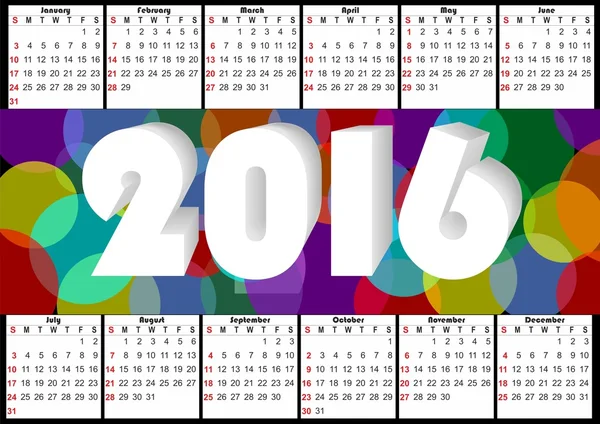 2016 calendario horizontal con burbujas de colores superpuestos arco iris — Vector de stock