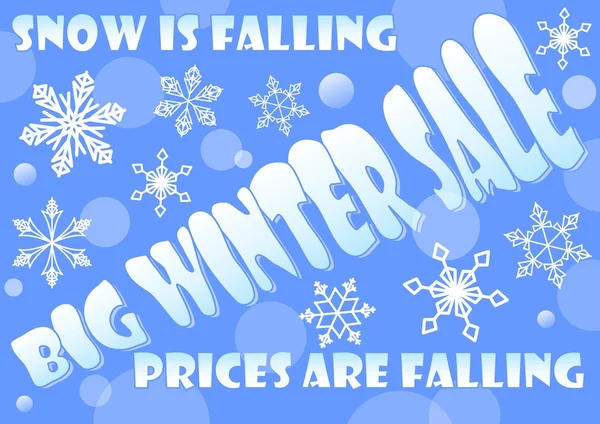 Cartelera grande de la venta del invierno, nieve está cayendo, los precios están cayendo. Fondo con bonitos copos de nieve finos en la zona azul hielo. Vector EPS10 — Vector de stock
