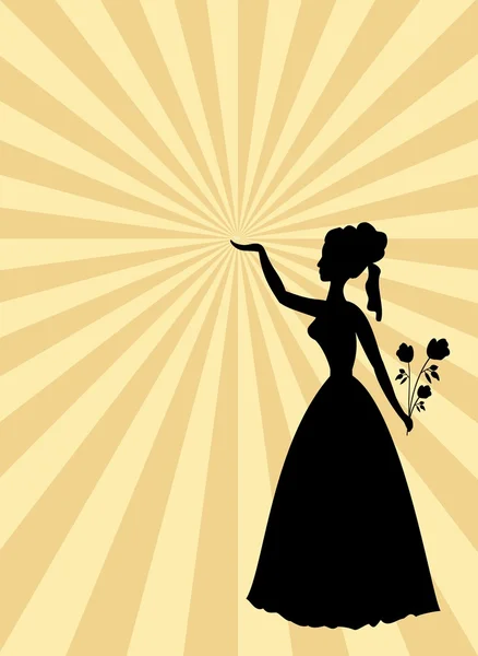 Frau schwarze Silhouette auf beige und goldene Strahlen gemustertem Hintergrund. Dame mit Rosenstrauß und erhobener Hand. Vorlage im alten Stil für Party oder Balleinladung — Stockvektor