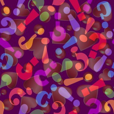 Soru işareti ve ünlem işareti kalp şekilleri, modern arka plan ile örtüşen psychedelic arka plan