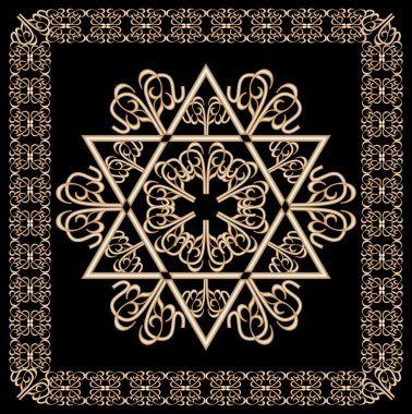 Telkari altın çerçeve siyah arka plan üzerine David yıldız motifi ile lüks altın süs. İbranice magen adlı Yahudi dini hexagram sembolü.