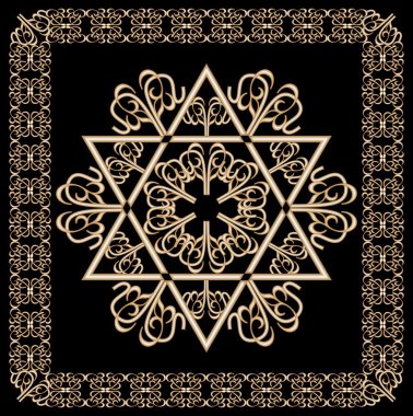 Luxury golden ornament with David star motif in filigree gold frame on black background. Jewish religious hexagram symbol named in hebrew magen. clipart